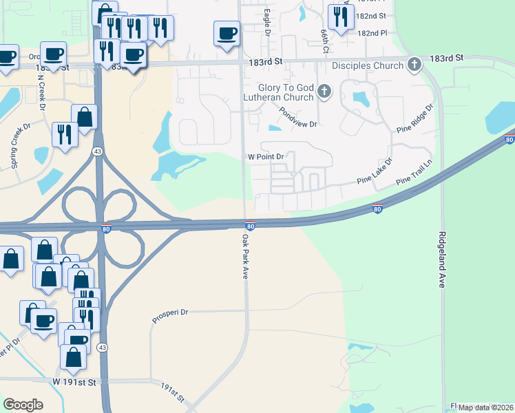 map of restaurants, bars, coffee shops, grocery stores, and more near 6781 Pine Lake Drive in Tinley Park