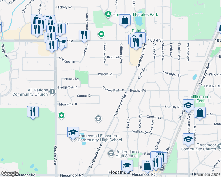 map of restaurants, bars, coffee shops, grocery stores, and more near 2832 Chayes Park Drive in Homewood