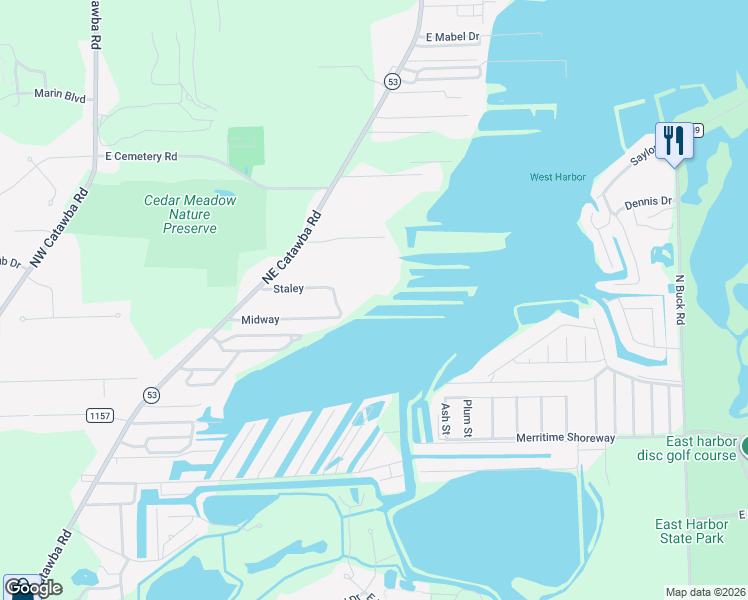 map of restaurants, bars, coffee shops, grocery stores, and more near 1871 Northeast Catawba Road in Port Clinton