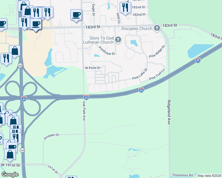 map of restaurants, bars, coffee shops, grocery stores, and more near 6669 Pine Lake Drive in Tinley Park