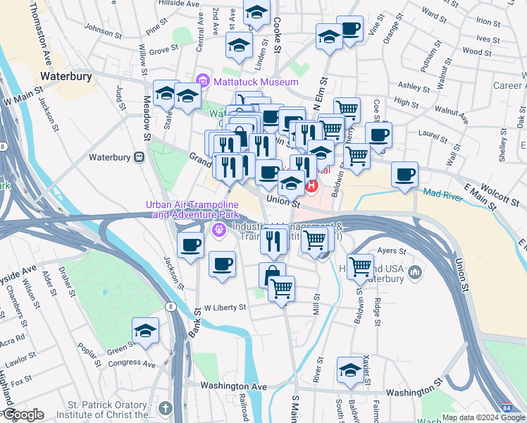 map of restaurants, bars, coffee shops, grocery stores, and more near 312 South Main Street in Waterbury