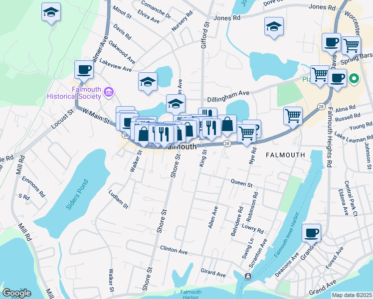 map of restaurants, bars, coffee shops, grocery stores, and more near in Falmouth