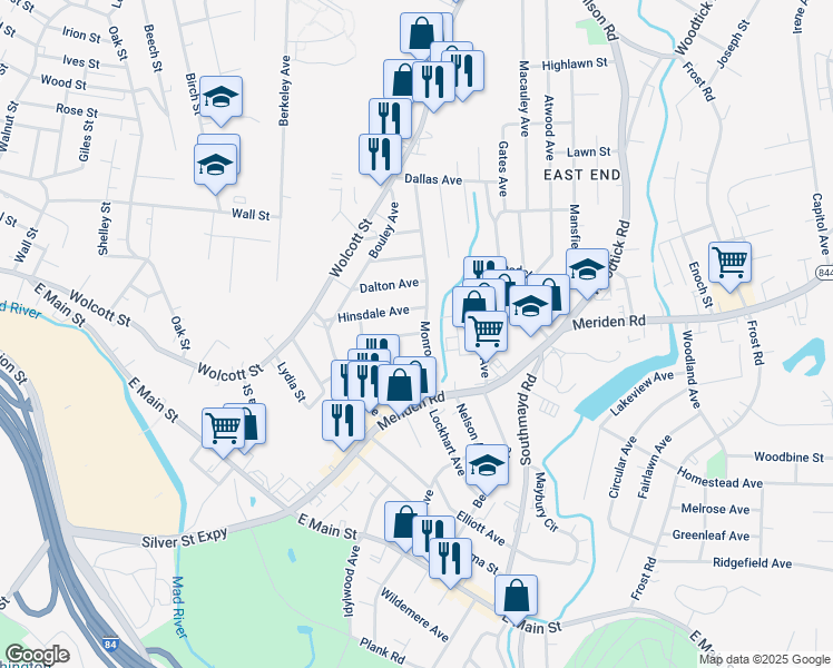 map of restaurants, bars, coffee shops, grocery stores, and more near 73 Southwick Avenue in Waterbury