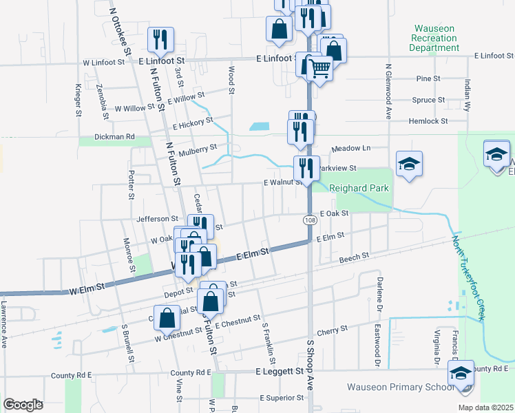 map of restaurants, bars, coffee shops, grocery stores, and more near 309 East Oak Street in Wauseon