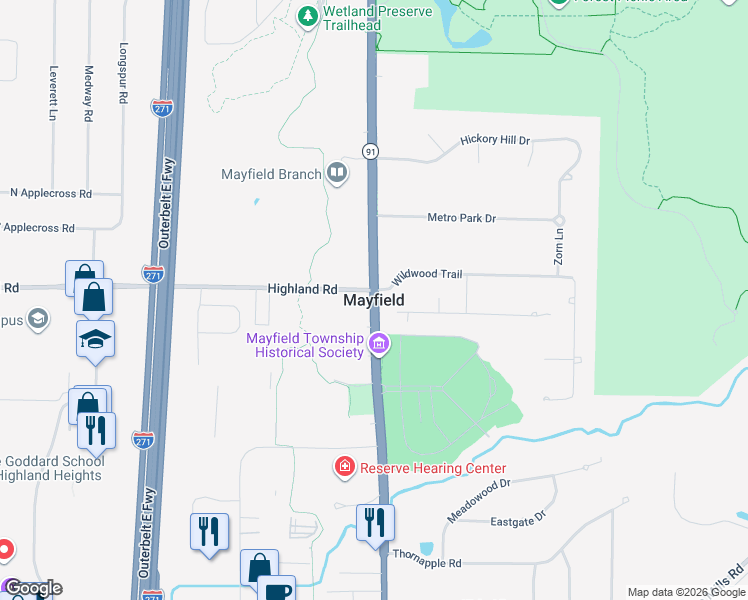 map of restaurants, bars, coffee shops, grocery stores, and more near in Mayfield