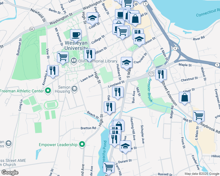 map of restaurants, bars, coffee shops, grocery stores, and more near 65 Oak Street in Middletown