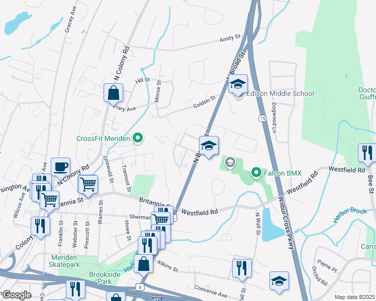 map of restaurants, bars, coffee shops, grocery stores, and more near 124 Blackstone Street in Meriden
