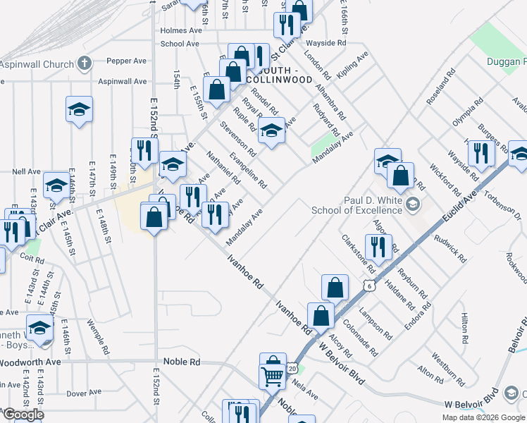 map of restaurants, bars, coffee shops, grocery stores, and more near 15798 Mandalay Avenue in Cleveland