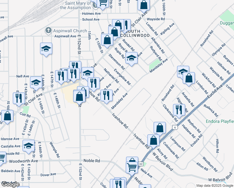 map of restaurants, bars, coffee shops, grocery stores, and more near 15755 Mandalay Avenue in Cleveland