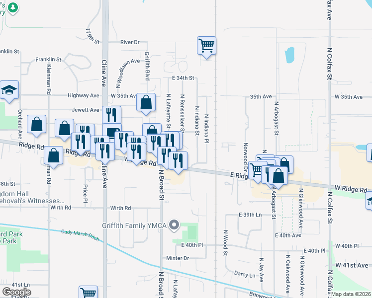 map of restaurants, bars, coffee shops, grocery stores, and more near 200 East Ridge Road in Griffith