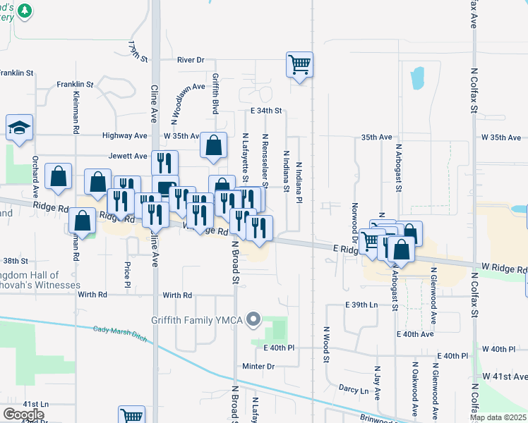 map of restaurants, bars, coffee shops, grocery stores, and more near 200 East Ridge Road in Griffith
