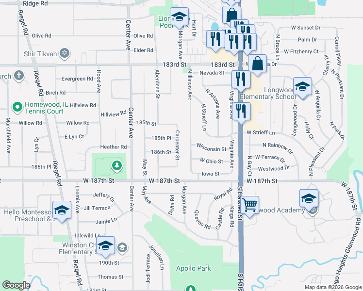 map of restaurants, bars, coffee shops, grocery stores, and more near 18604 Carpenter Street in Homewood