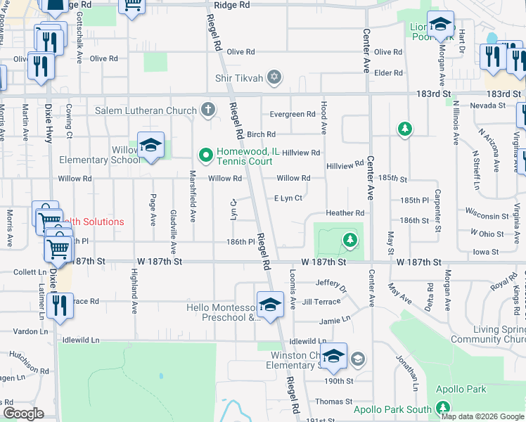 map of restaurants, bars, coffee shops, grocery stores, and more near 18600 Poplar Avenue in Homewood
