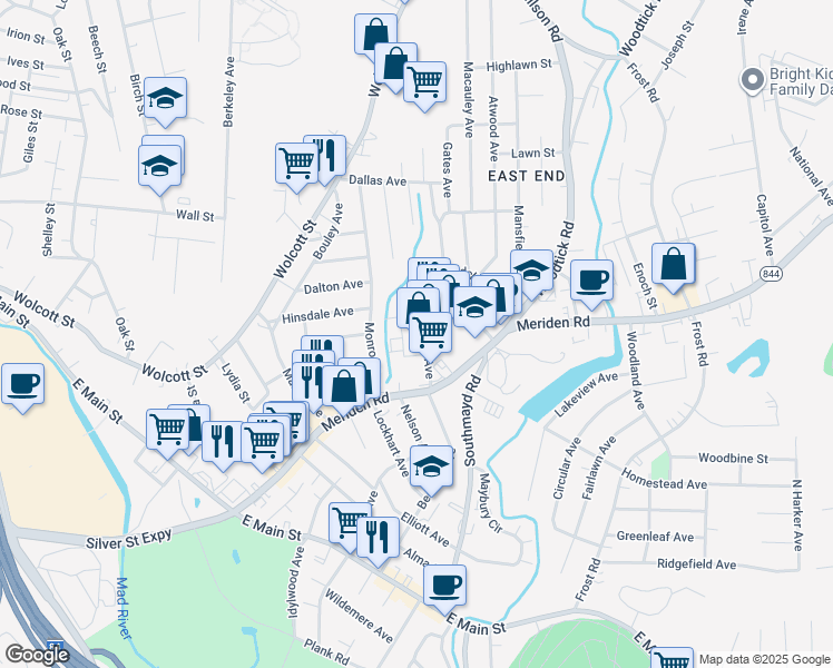 map of restaurants, bars, coffee shops, grocery stores, and more near 20 Newman Avenue in Waterbury