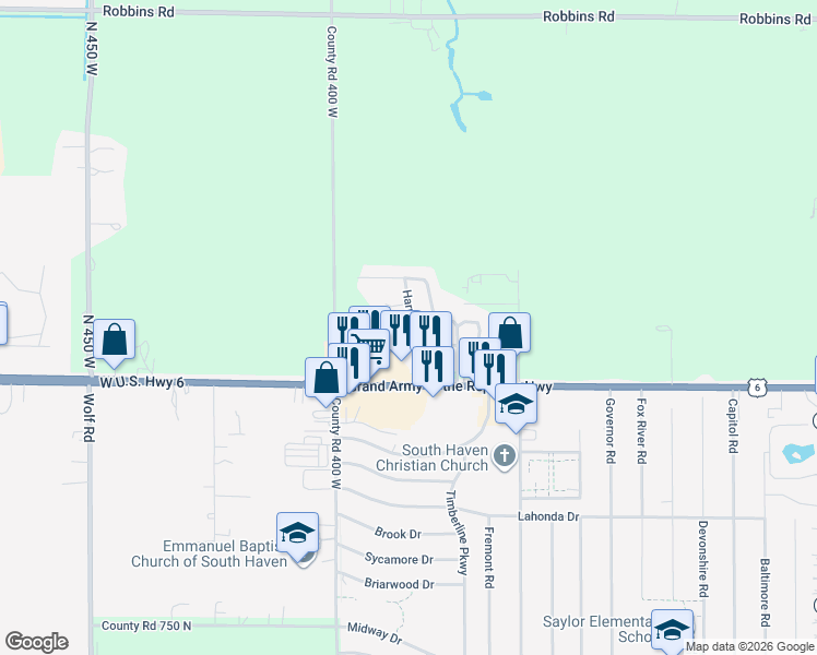 map of restaurants, bars, coffee shops, grocery stores, and more near 153 Harmony Ct in Valparaiso