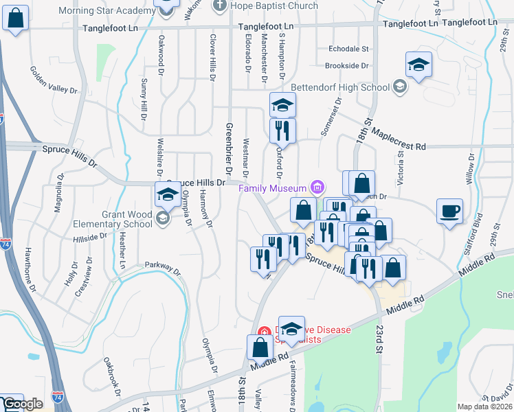 map of restaurants, bars, coffee shops, grocery stores, and more near 1917 Spruce Hills Drive in Bettendorf