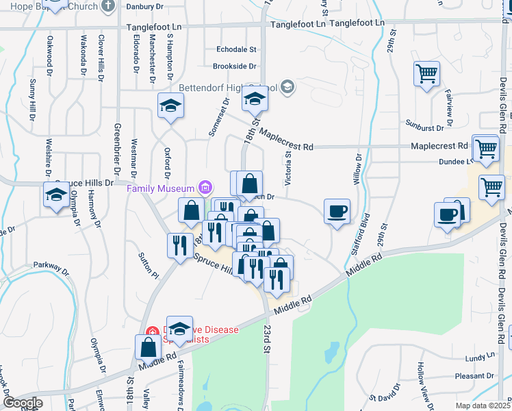 map of restaurants, bars, coffee shops, grocery stores, and more near 2334 Cumberland Square Drive in Bettendorf