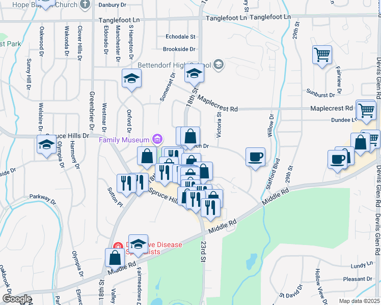 map of restaurants, bars, coffee shops, grocery stores, and more near 2334 Cumberland Square Drive in Bettendorf