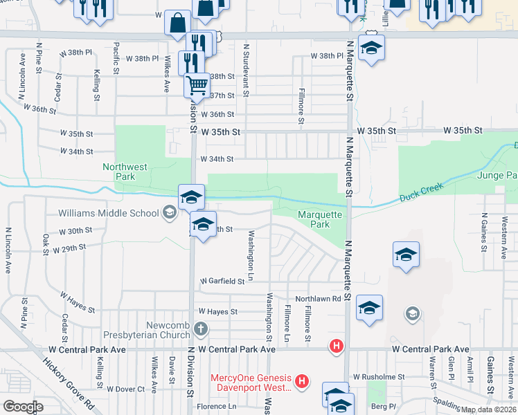 map of restaurants, bars, coffee shops, grocery stores, and more near 1529 West George Washington Boulevard in Davenport