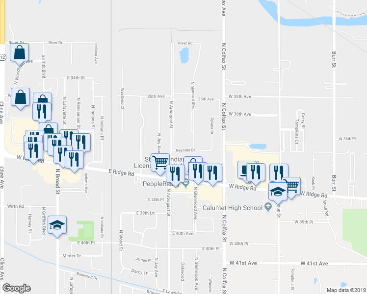 map of restaurants, bars, coffee shops, grocery stores, and more near 1004 Reyome Drive in Griffith