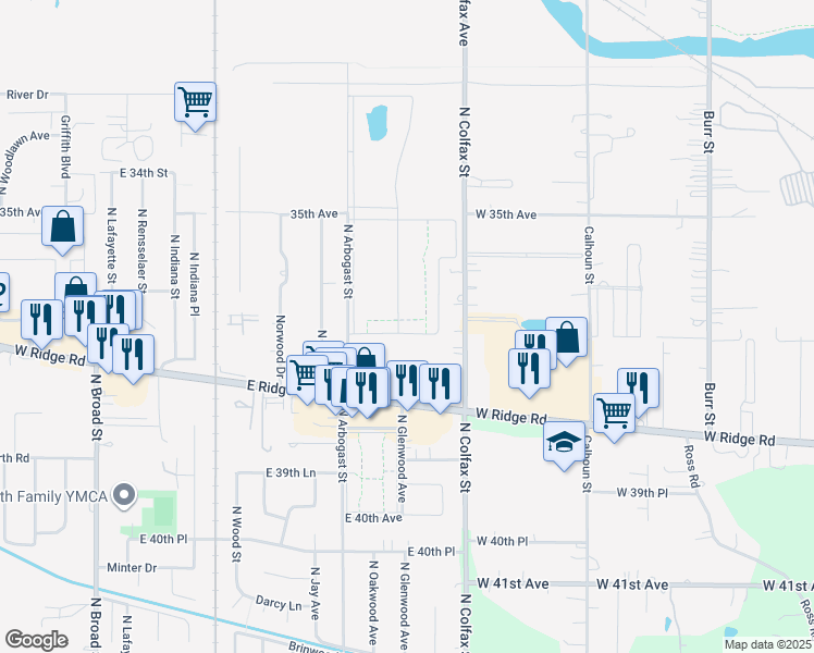 map of restaurants, bars, coffee shops, grocery stores, and more near 1108 Reyome Drive in Griffith