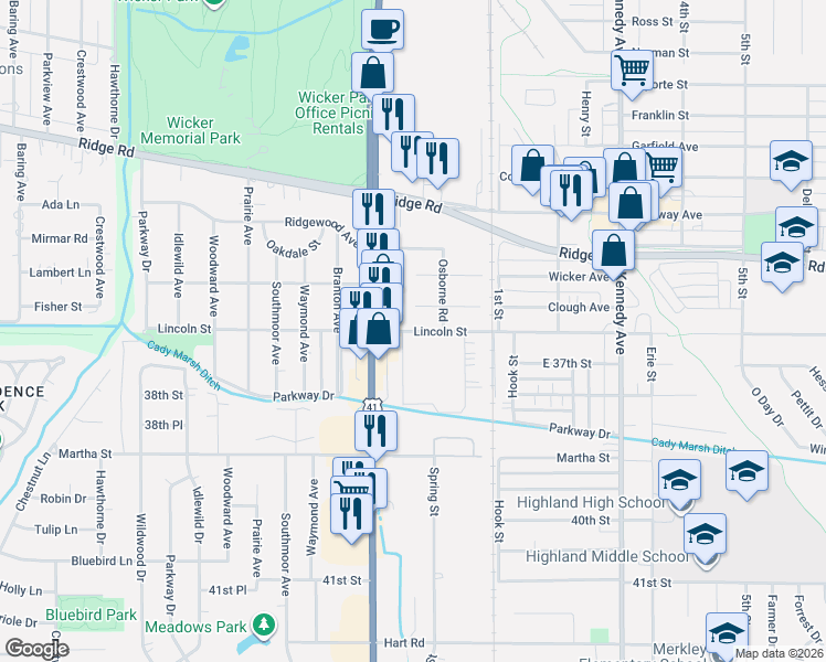 map of restaurants, bars, coffee shops, grocery stores, and more near 8813-8819 Schneider Avenue in Highland
