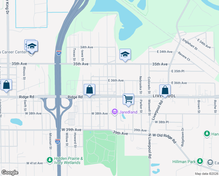 map of restaurants, bars, coffee shops, grocery stores, and more near 2736 East 37th Avenue in Lake Station