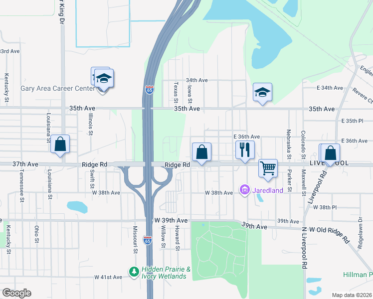 map of restaurants, bars, coffee shops, grocery stores, and more near 3624 Iowa Street in Gary