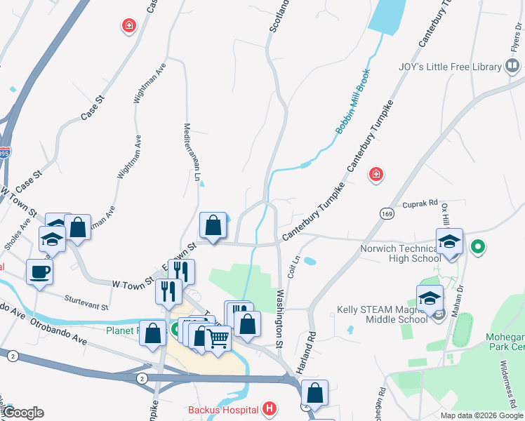 map of restaurants, bars, coffee shops, grocery stores, and more near 11 Huntington Lane in Norwich