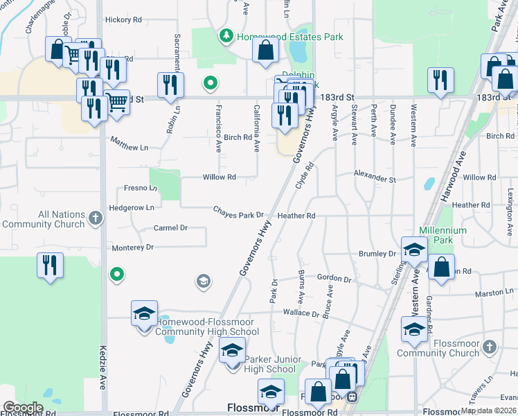 map of restaurants, bars, coffee shops, grocery stores, and more near 2720 Chayes Court in Homewood
