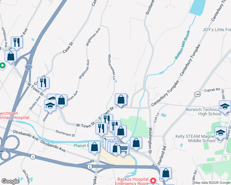 map of restaurants, bars, coffee shops, grocery stores, and more near 51 Town Street in Norwich