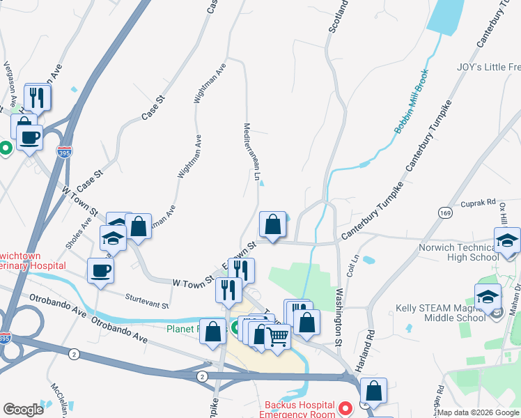 map of restaurants, bars, coffee shops, grocery stores, and more near 51 Town Street in Norwich