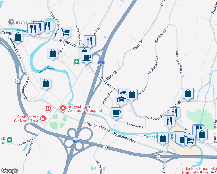 map of restaurants, bars, coffee shops, grocery stores, and more near 10 Sholes Avenue in Norwich
