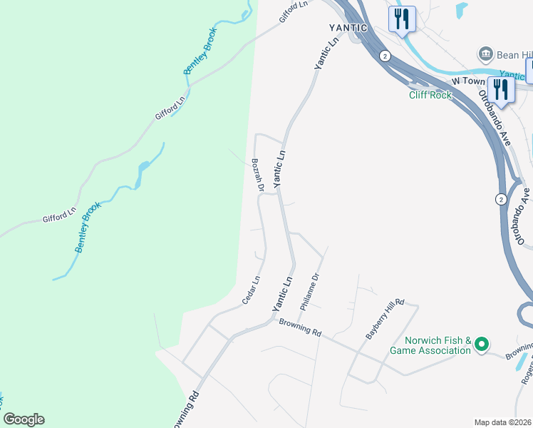 map of restaurants, bars, coffee shops, grocery stores, and more near 40 Cedar Lane in Norwich