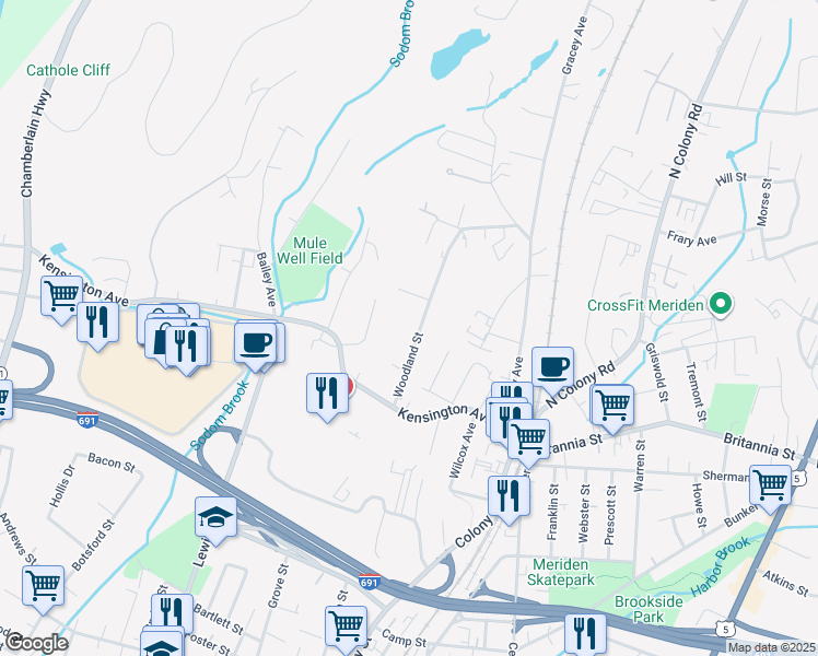 map of restaurants, bars, coffee shops, grocery stores, and more near 60 Woodland Street in Meriden