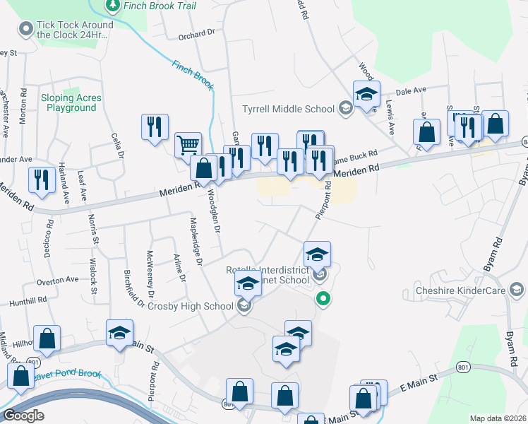 map of restaurants, bars, coffee shops, grocery stores, and more near 99 Fairwood Avenue in Waterbury