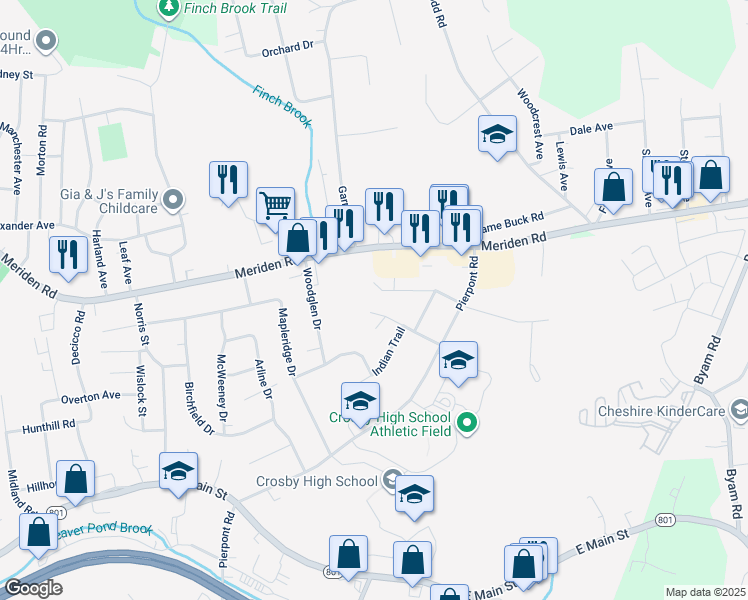 map of restaurants, bars, coffee shops, grocery stores, and more near 99 Fairwood Avenue in Waterbury
