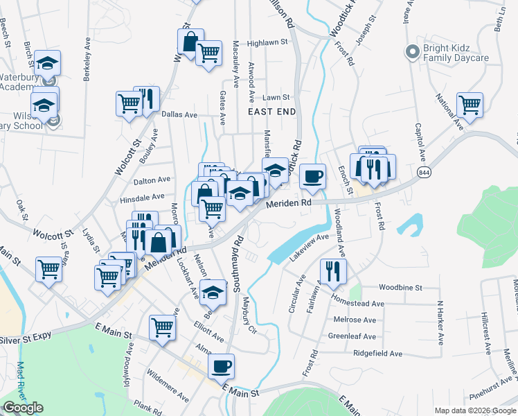 map of restaurants, bars, coffee shops, grocery stores, and more near 313 Meriden Road in Waterbury