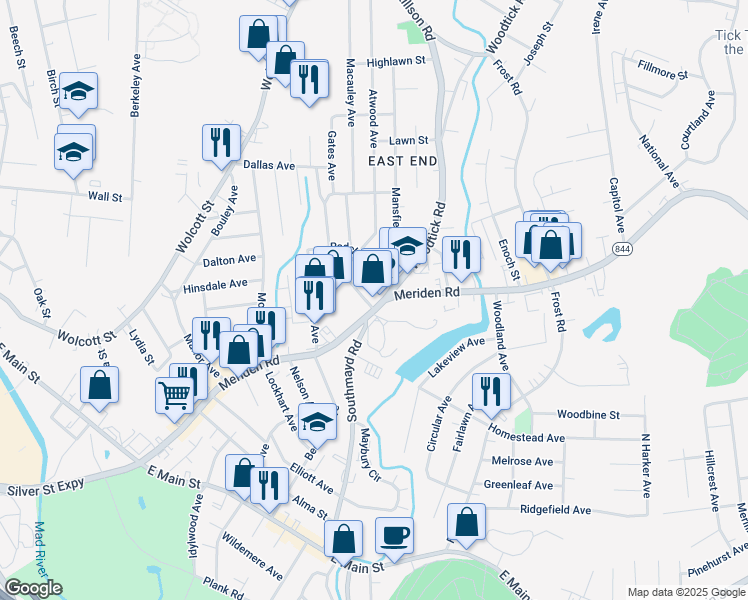 map of restaurants, bars, coffee shops, grocery stores, and more near 313 Meriden Road in Waterbury