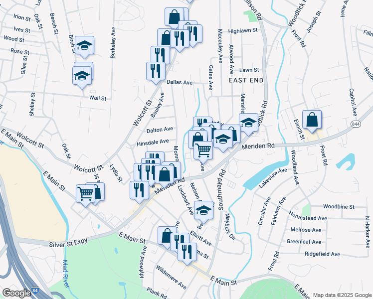 map of restaurants, bars, coffee shops, grocery stores, and more near 20 Newman Avenue in Waterbury