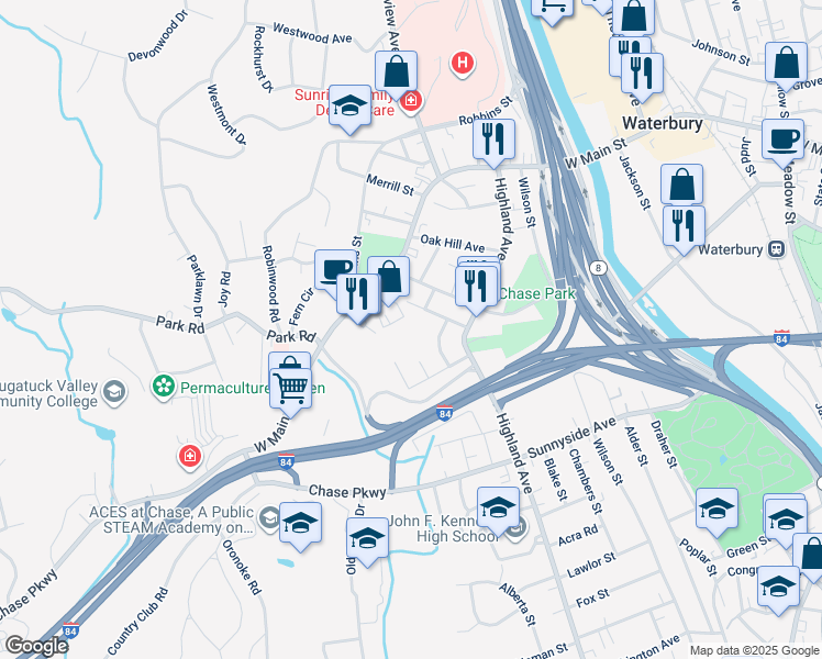 map of restaurants, bars, coffee shops, grocery stores, and more near 111 Mohican Avenue in Waterbury