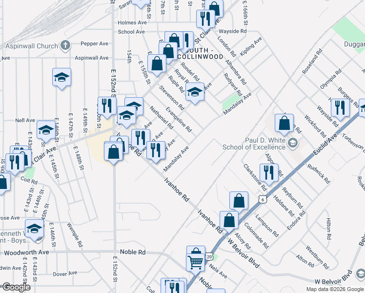map of restaurants, bars, coffee shops, grocery stores, and more near 15755 Mandalay Avenue in Cleveland