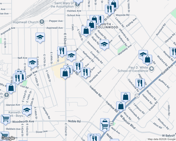 map of restaurants, bars, coffee shops, grocery stores, and more near 15624 Halliday Avenue in Cleveland