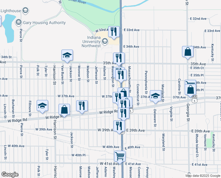 map of restaurants, bars, coffee shops, grocery stores, and more near 3673 Washington Street in Gary