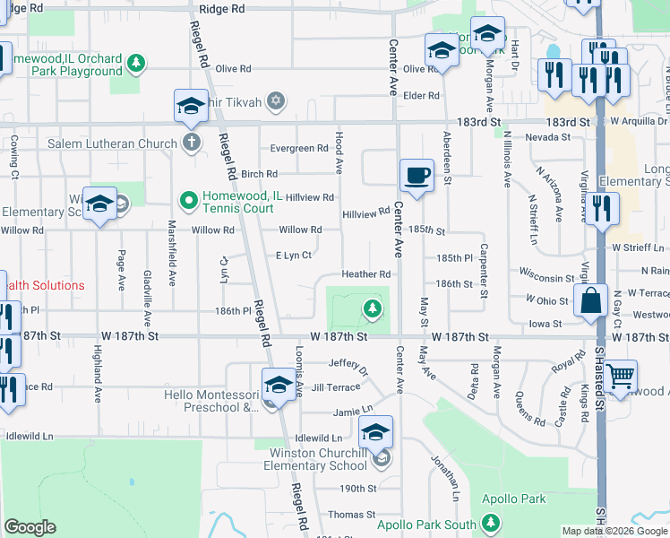 map of restaurants, bars, coffee shops, grocery stores, and more near 1315 Heather Road in Homewood