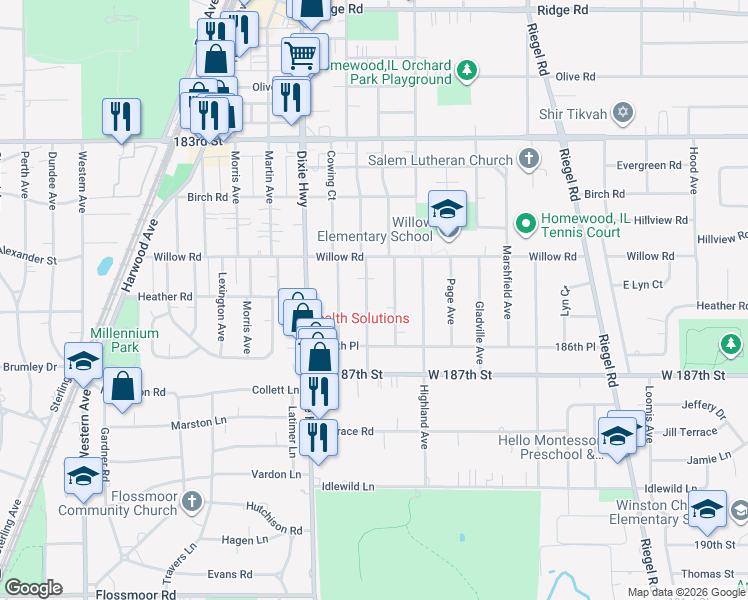 map of restaurants, bars, coffee shops, grocery stores, and more near 18630 Gottschalk Avenue in Homewood