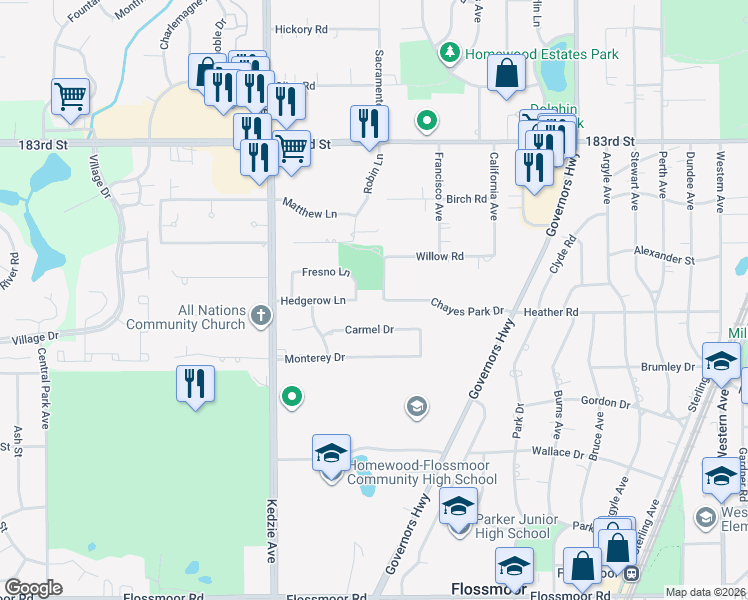 map of restaurants, bars, coffee shops, grocery stores, and more near 3013 Carmel Drive in Flossmoor