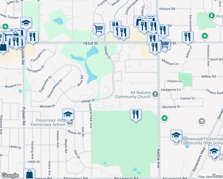 map of restaurants, bars, coffee shops, grocery stores, and more near 18634 Golfview Drive in Hazel Crest