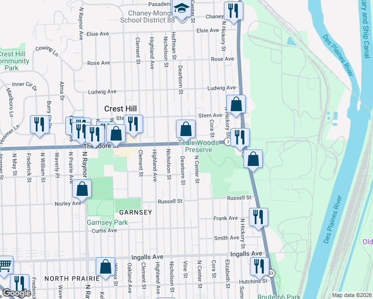 map of restaurants, bars, coffee shops, grocery stores, and more near 1515 Dearborn Street in Joliet