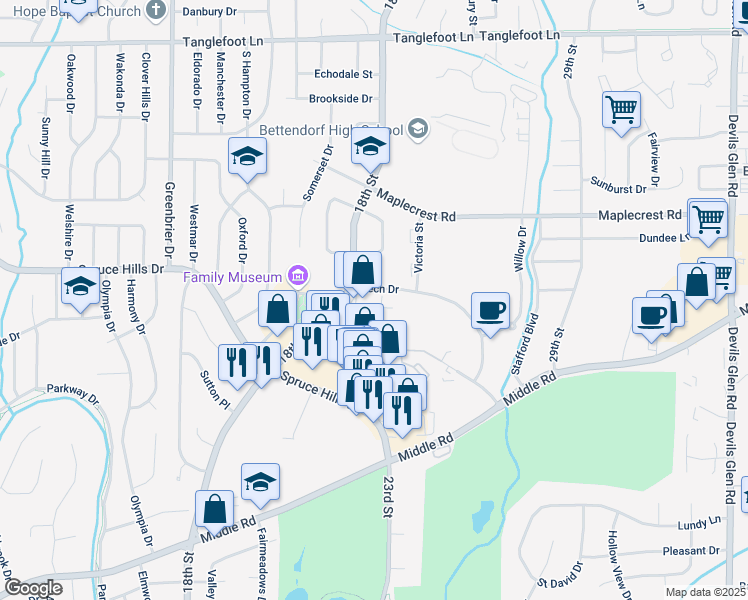 map of restaurants, bars, coffee shops, grocery stores, and more near 2334 Cumberland Square Drive in Bettendorf